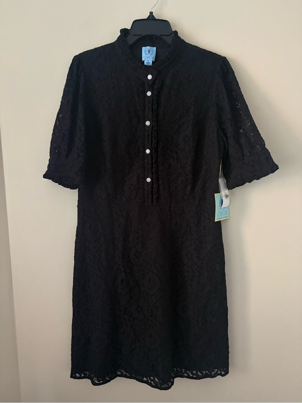 CeCe Black Lace Midi Dress with Button Placket Sz. 10 New